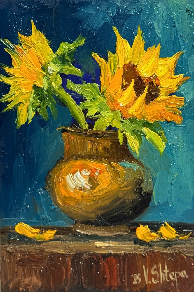 Sunflowers Oil Painting Original Art Impasto Flower Still Life Vintage Vase