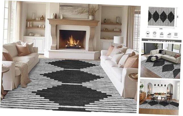 8x10 Washable Black Geometric Moroccan Area Rug for Living Room  