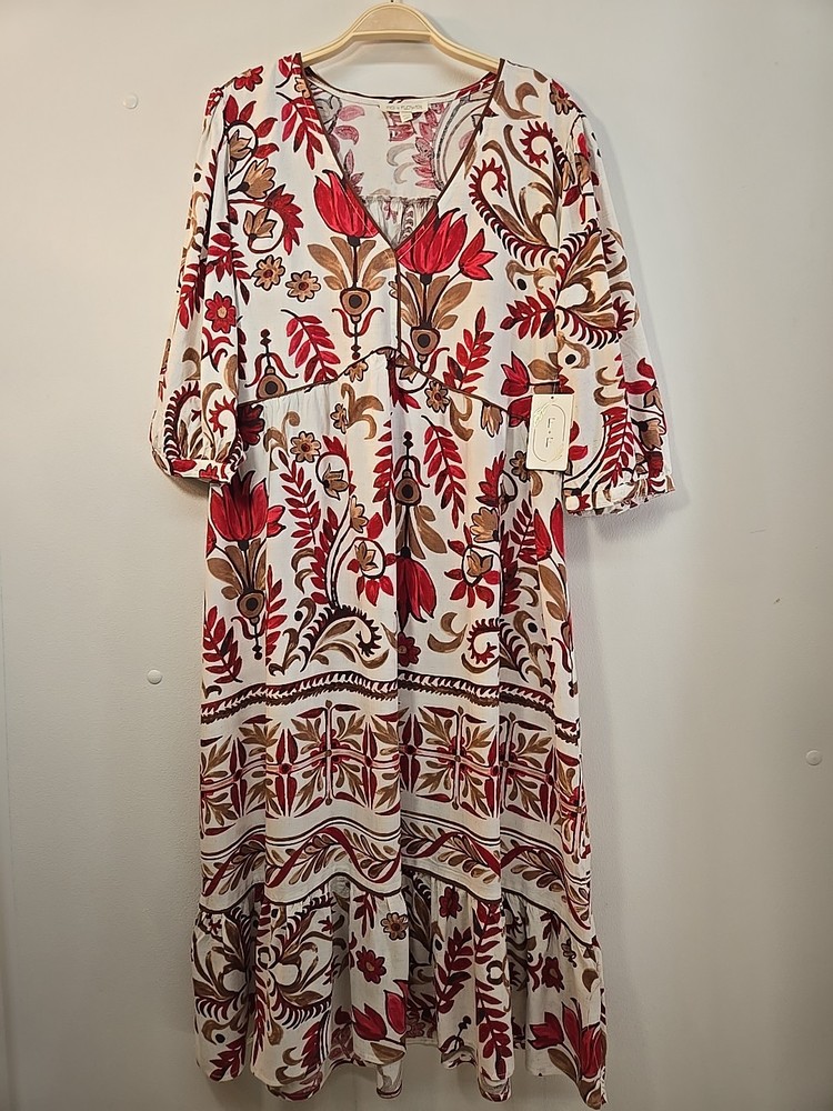 NWT Anthropologie Fig And Flower Sz L Rayon Linen Floral Midi Dress Ivory Red