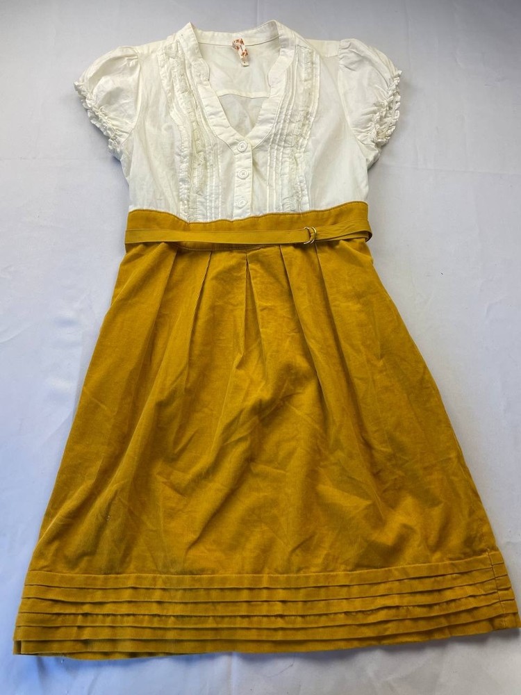 Maeve Dress Womens Size 6 White Yellow Corduroy Knee Length Fit & Flare Belted