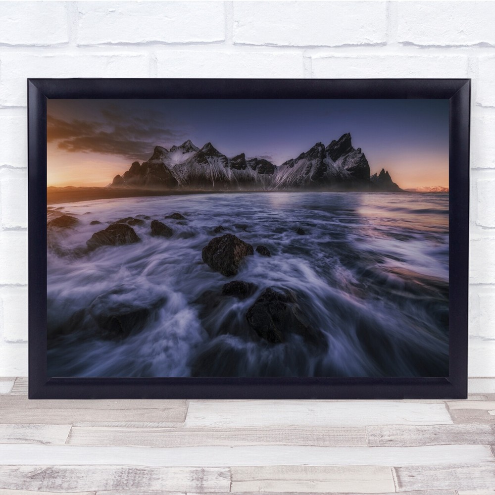 Stokksnes Iceland Mountains Coast Island Silk Water Sea Sunset Wall Art Print