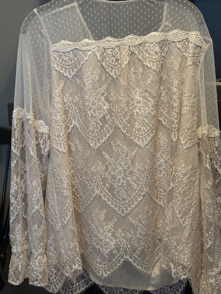 Sundance Blouse XL Boho Embroidered Lace Ivory Long Sleeve Top Ruffle Sleeves