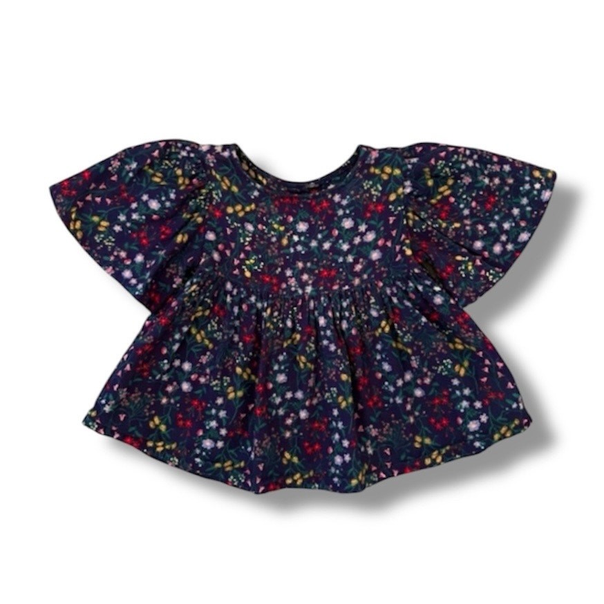 Old Navy Floral Top Girls Size 4T Blue Cotton Flared Sleeve Button Back Blouse
