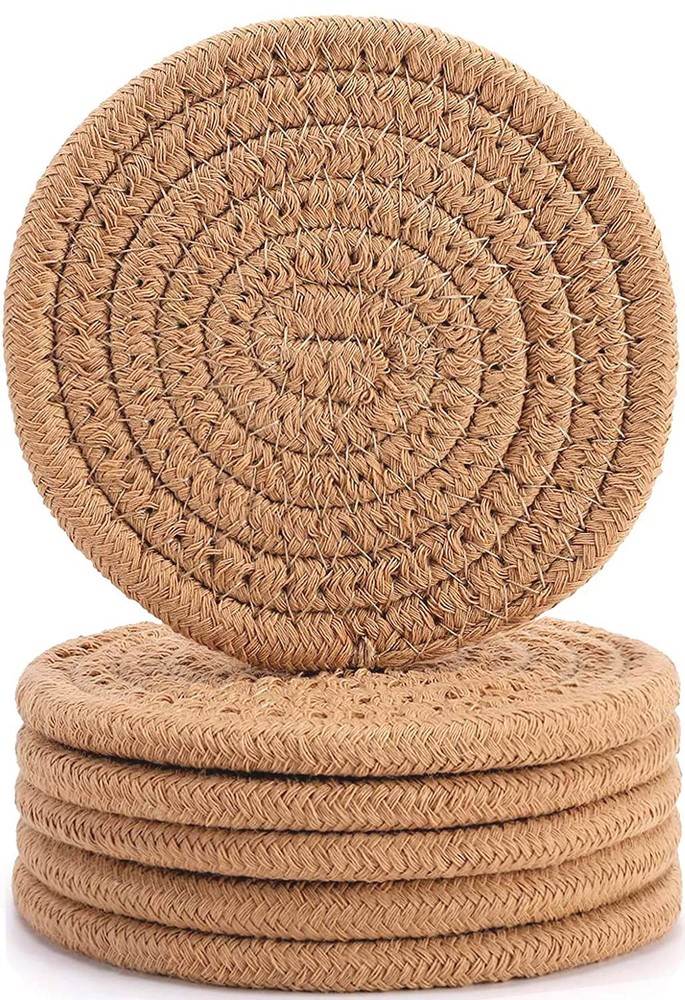 Abenkle Woven Coasters for Drinks Set of 6, Boho Absorbent Drinking Coaster, 4.3