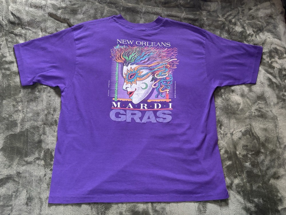Vintage Mardi Gras Shirt Mens XL Purple 80s New Orleans USA Art Travel Festival