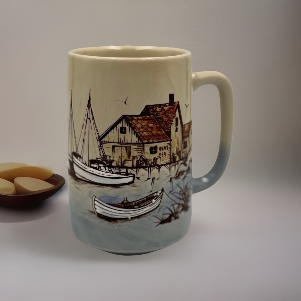 Vintage Otagiri Japan Mug Fishing Village Harbor Nautical Scenic Coffee Cup