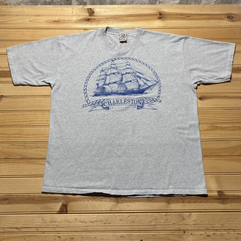 Vintage 1990 Charleston South Carolina Clipper Ship Striped Souvenir T-Shirt XL