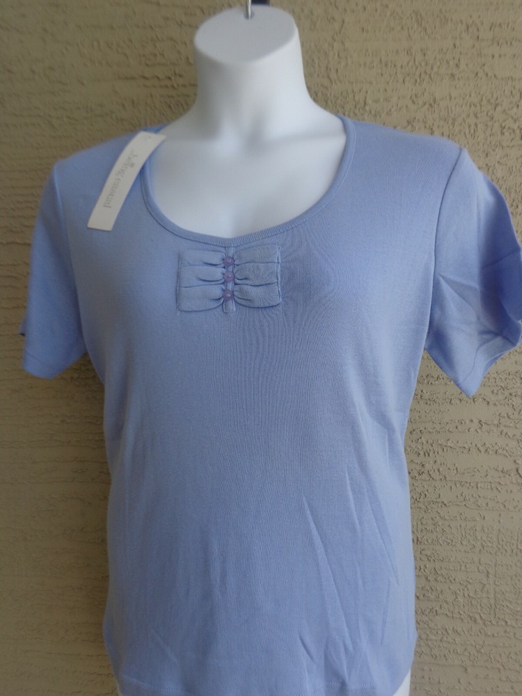 Being Casual L Ribbed Cotton Blend Knit S/S Embellished Scoop Neck Top Lt Blue