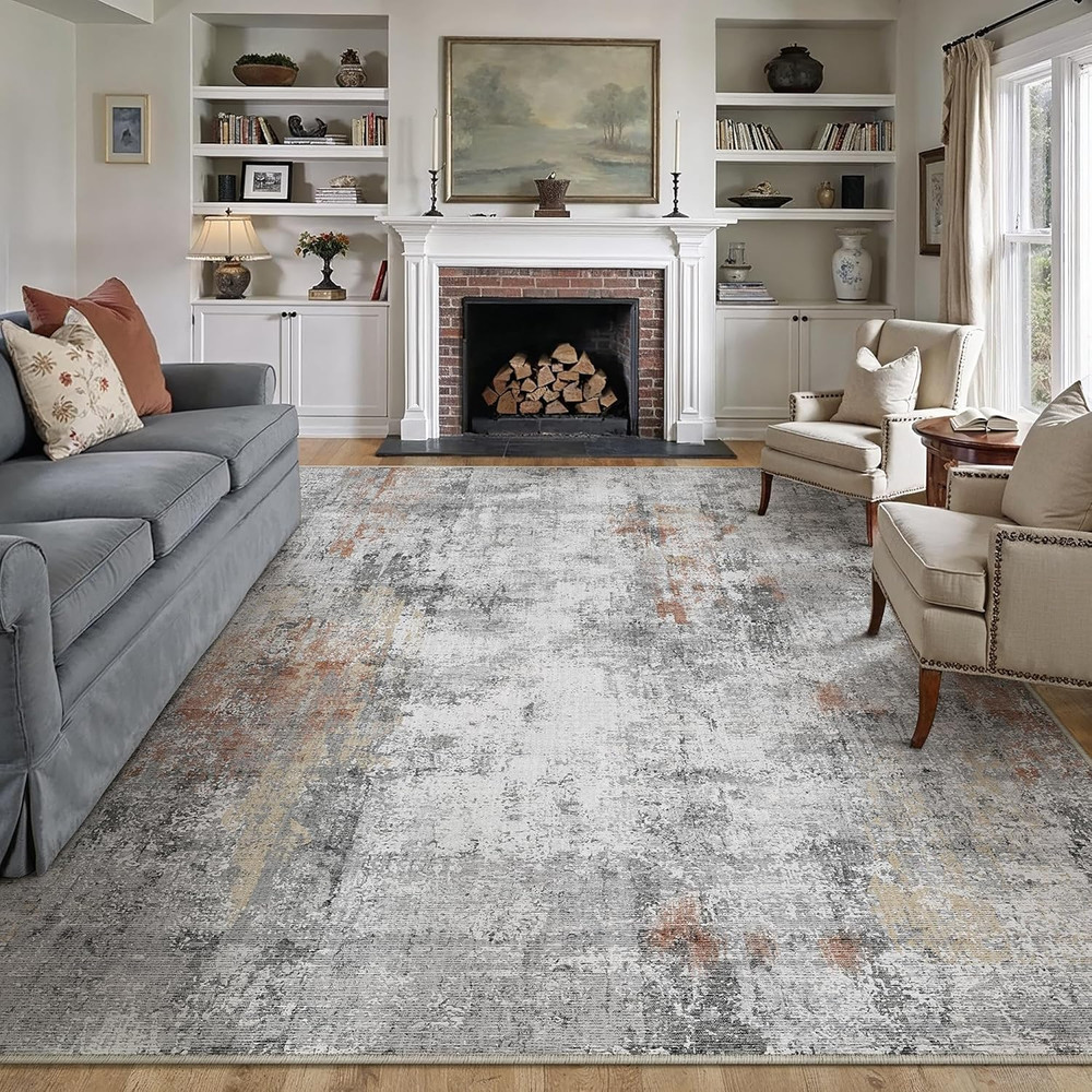 8X10 Washable Area Rug Rust Grey Abstract Non Slip Soft Low Pile Rug for Living