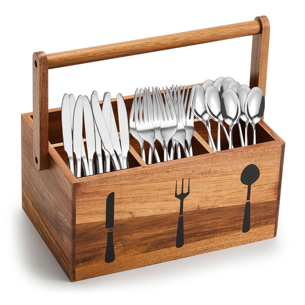 Acacia Utensil Caddy Silverware Caddy with Handle Wooden Multipurpose Counter...-image