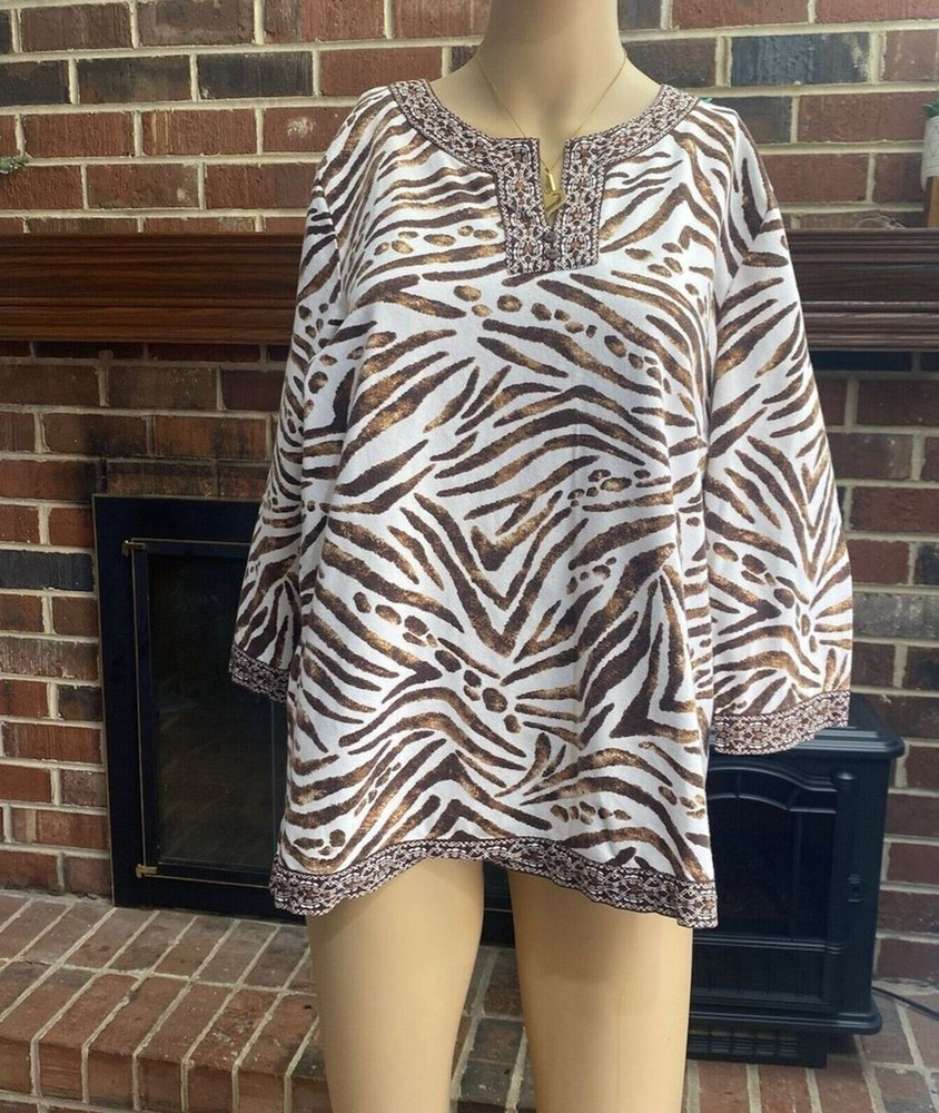 Alfred Dunner  Women’s top brown white animal print‎ sequin size Medium Cotton
