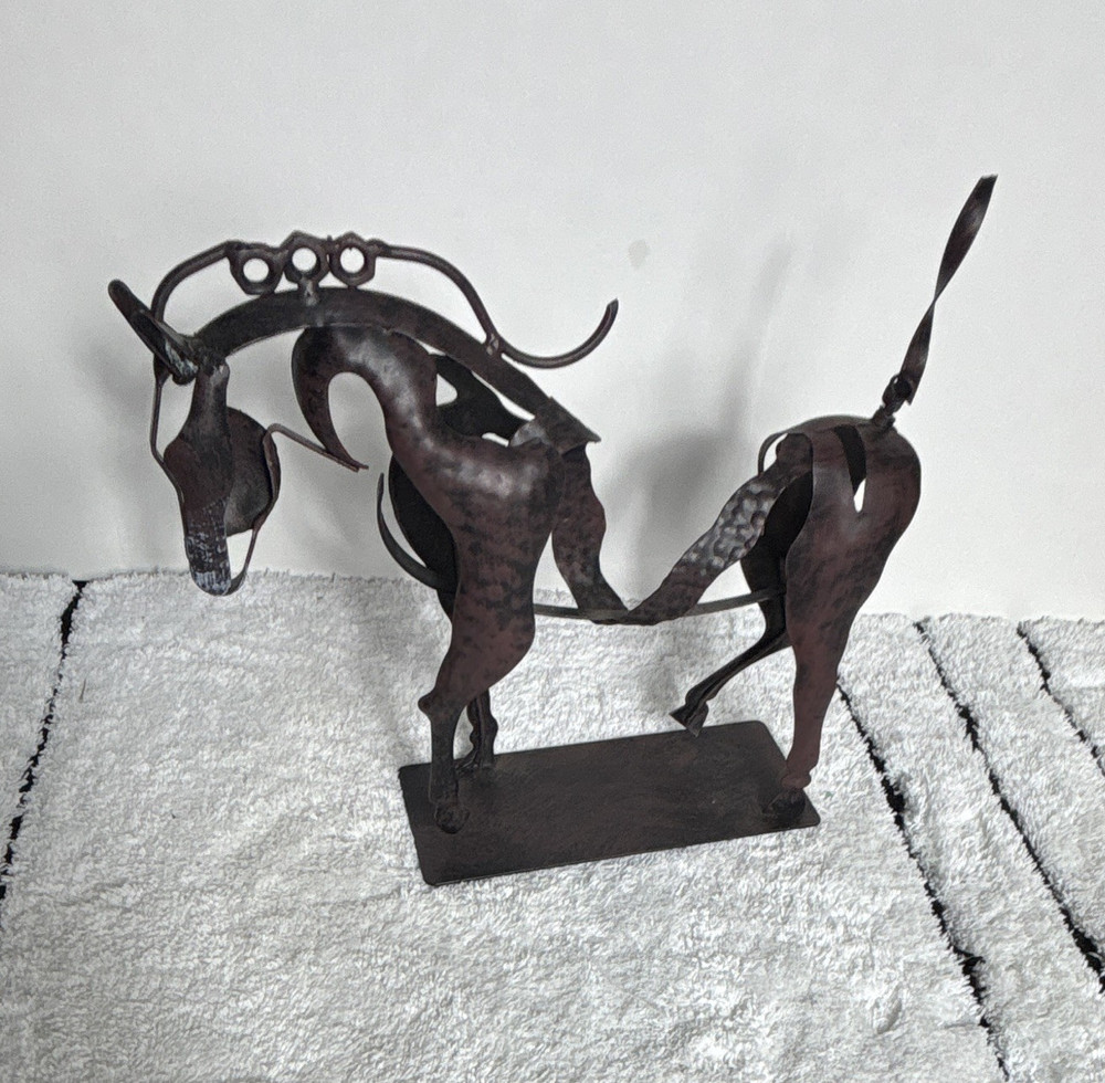 Metal Horse Sculpture Figurine on Base, Freestanding, Brown/Black
