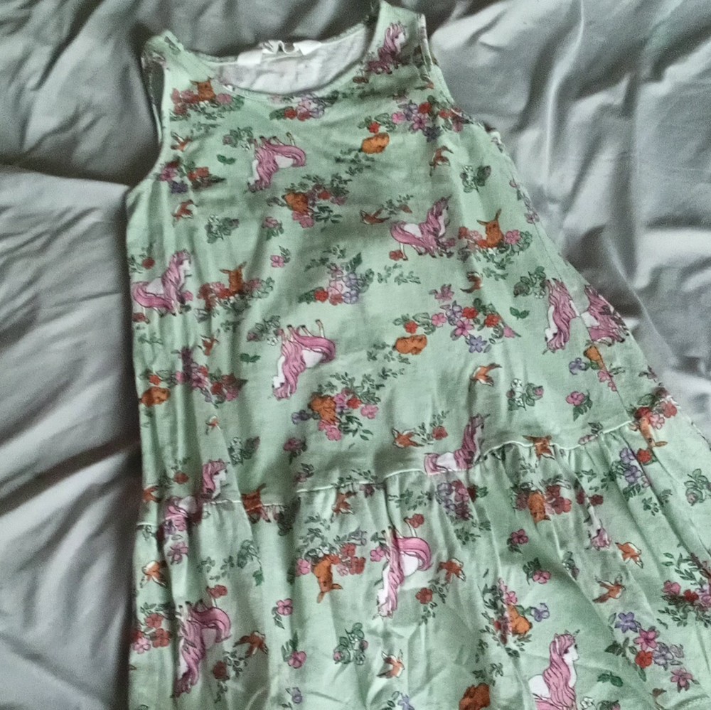 H&M Girls Green Floral Unicorn Sundress Sleeveless Ruffle Hem Size 6-7Y
