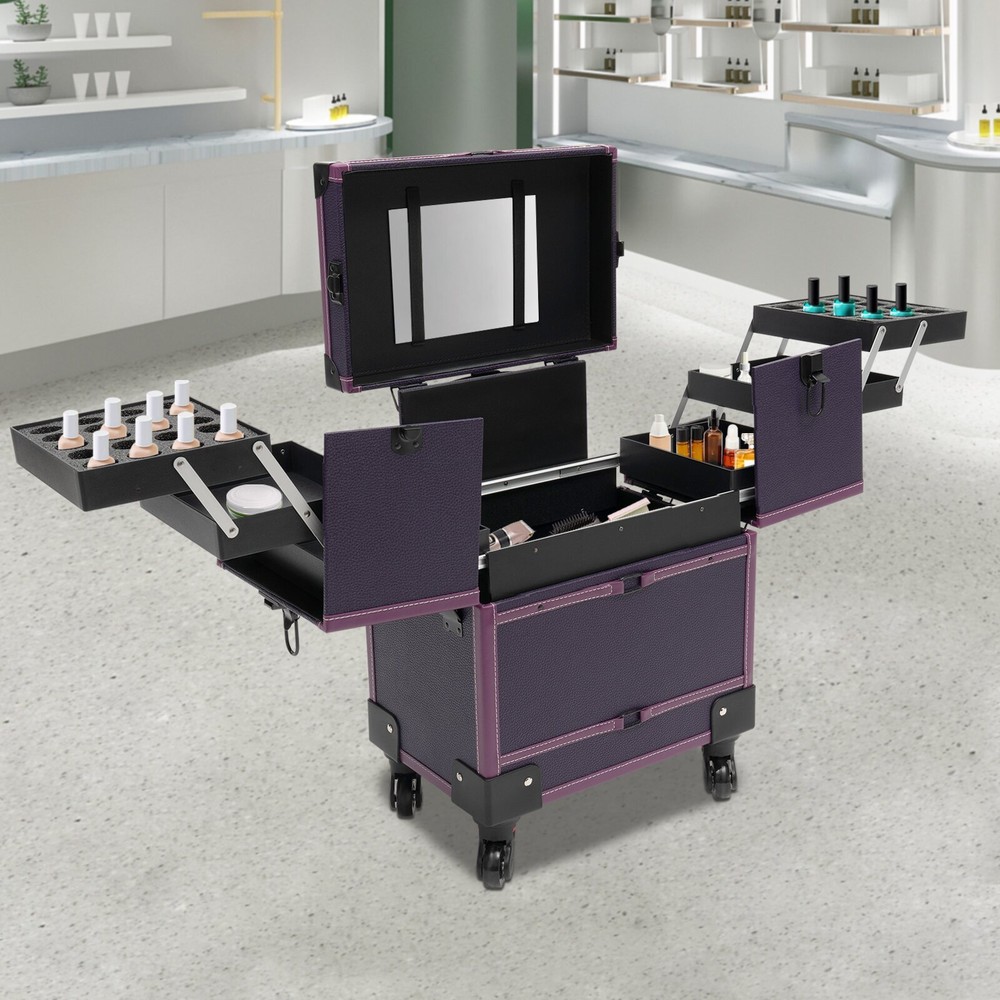 Rolling Makeup Train Case Fits Artist Trolley Cosmetic Organizer Box with Mirror