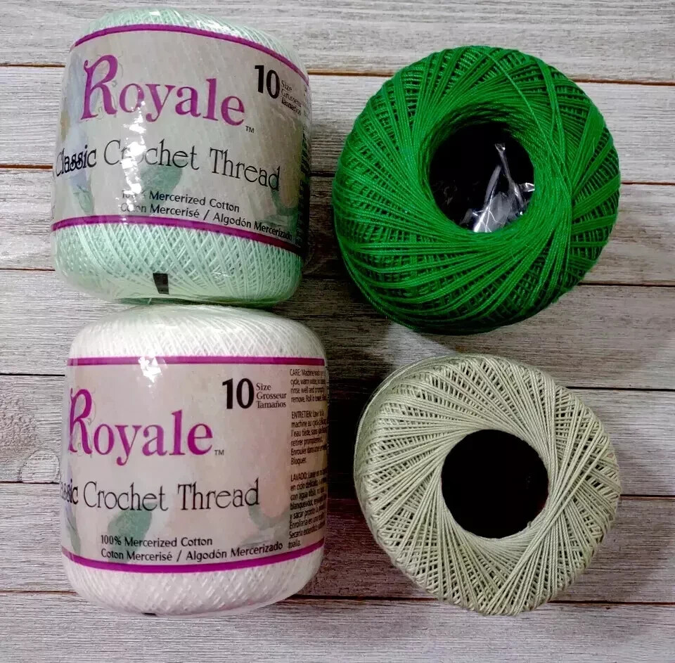 crochet yarn royale classic thread  J&P coats green white 350 Yards #10 4pc set