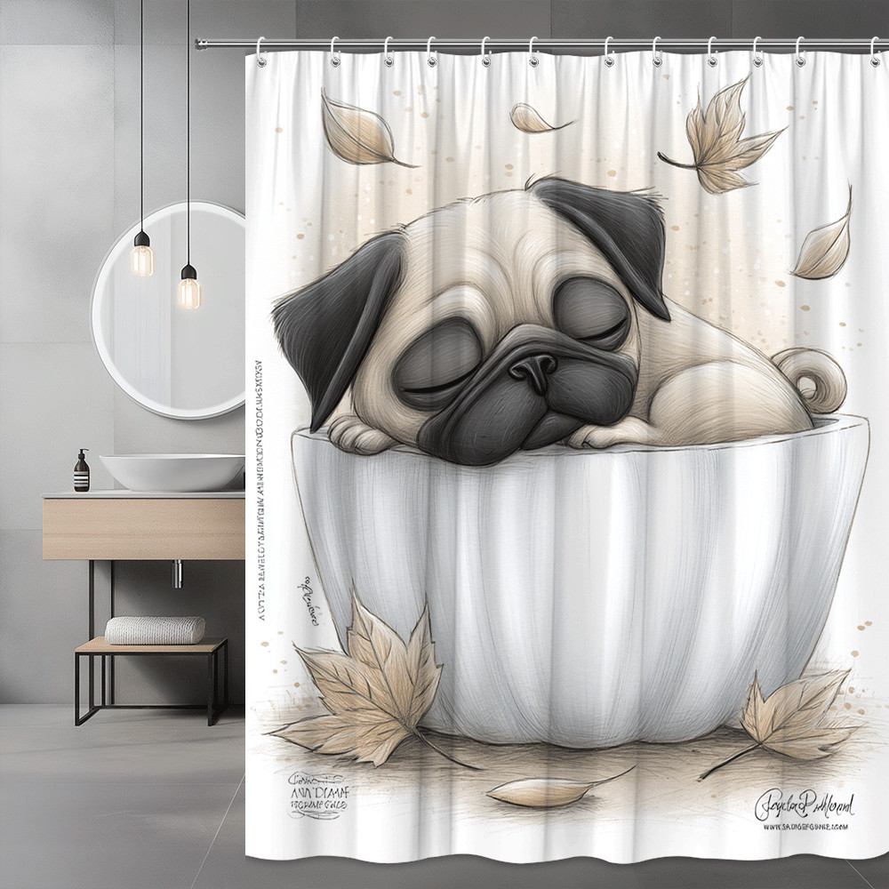 Sleeping Pug in Cup Shower Curtain, Cute Dog Fall Leaves Print