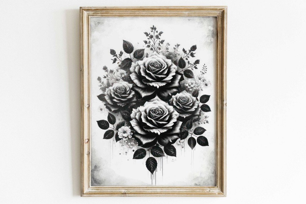 Black And White Rose Print Rose Wall Art Black Floral Art Rustic Floral Decor