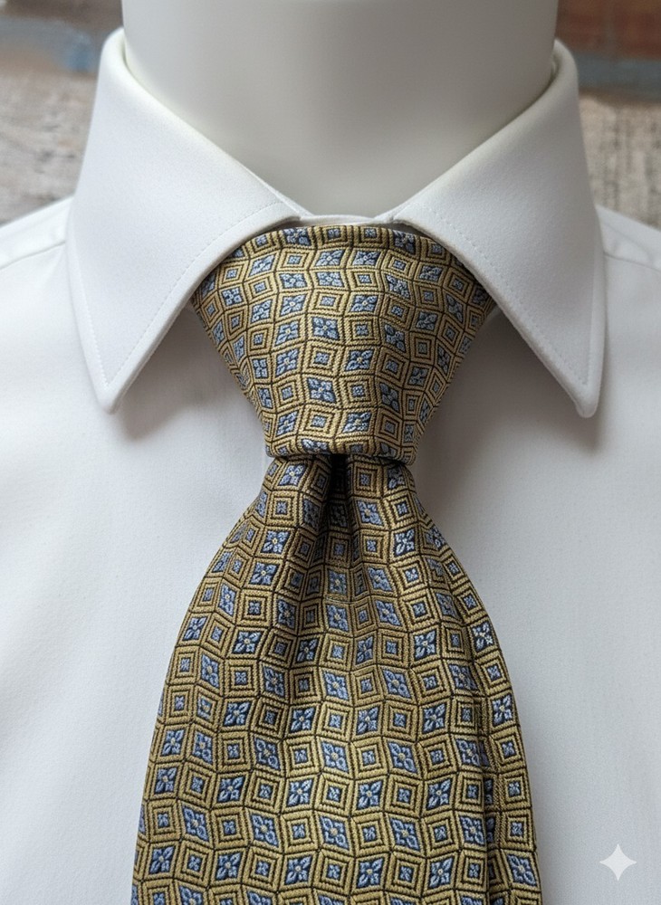 Brooks Brothers Tie Men's Gold Blue Silk Geometric Diamond Medallion Pattern