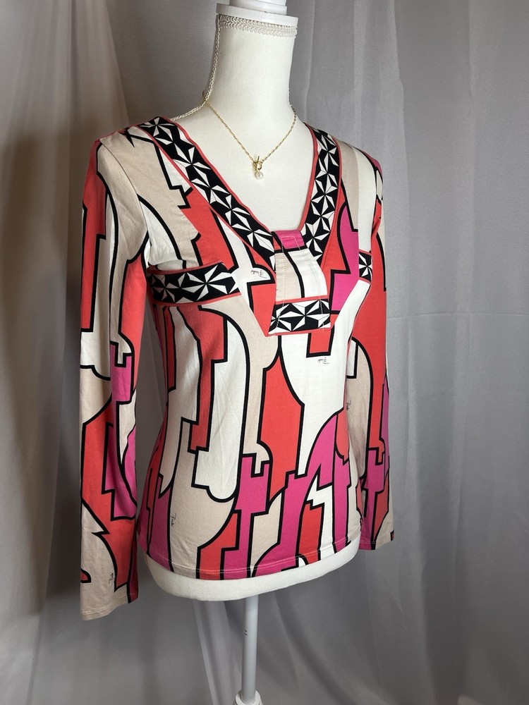 Emilio Pucci Long Sleeve Pink Geometric Abstract Graphic Rare Womens Blouse US 4-image