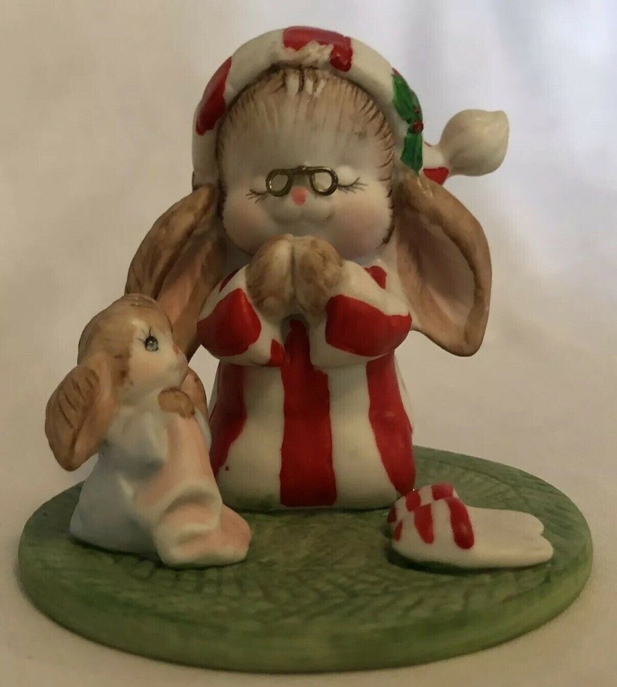 Enesco Bunny and Baby Figure Christmas Praying Slippers Whimsical Rabbit