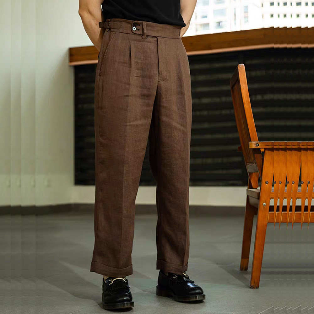 Men's Linen Gurkha Pants Loose Fit Adjustable Waist Trousers
