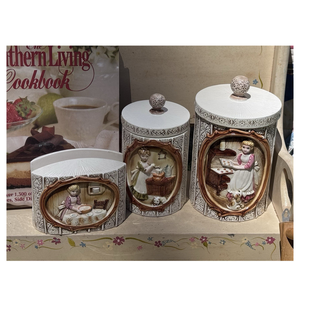 Vintage 1978 Sears Roebuck “Pioneer Woman” Ceramic Canisters & Napkin Holder