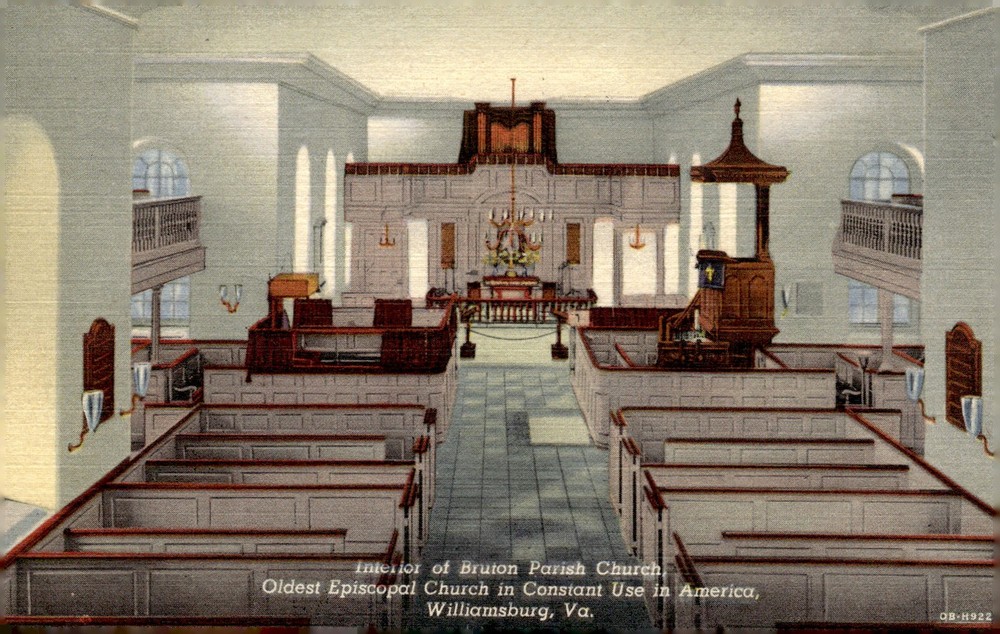 1940s Bruton Parish Church Williamsburg VA Interior Historic Linen Postcard