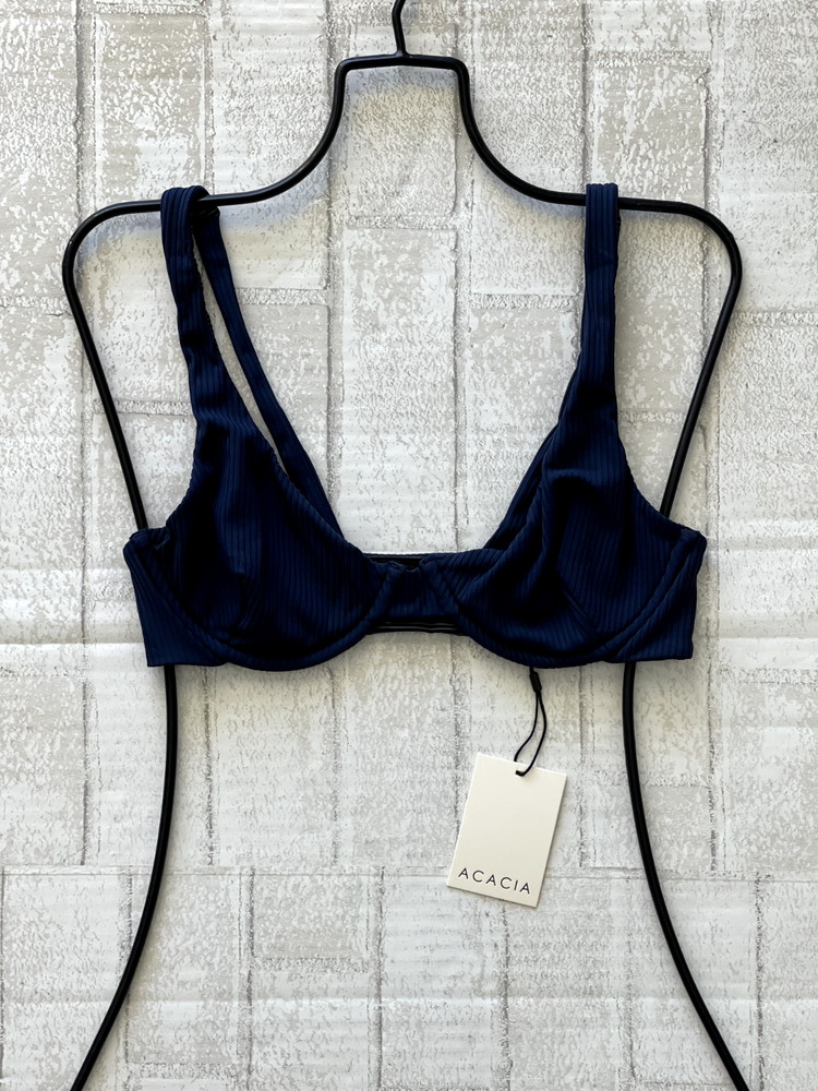ACACIA SWIMWEAR DEEP NAVY RIBBED 'GENEVA' UNDERWIRE BIKINI TOP (L) NWT-image