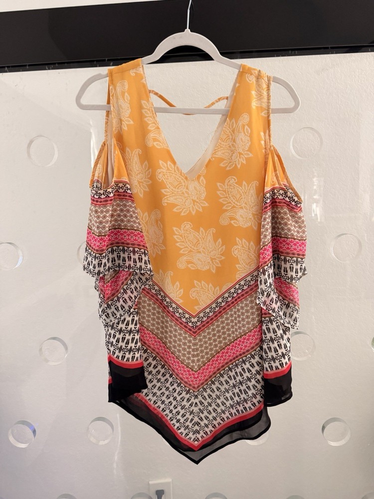 DR2 Yellow Pink Paisley Chiffon Cold Shoulder Ruffle Tunic Blouse XL