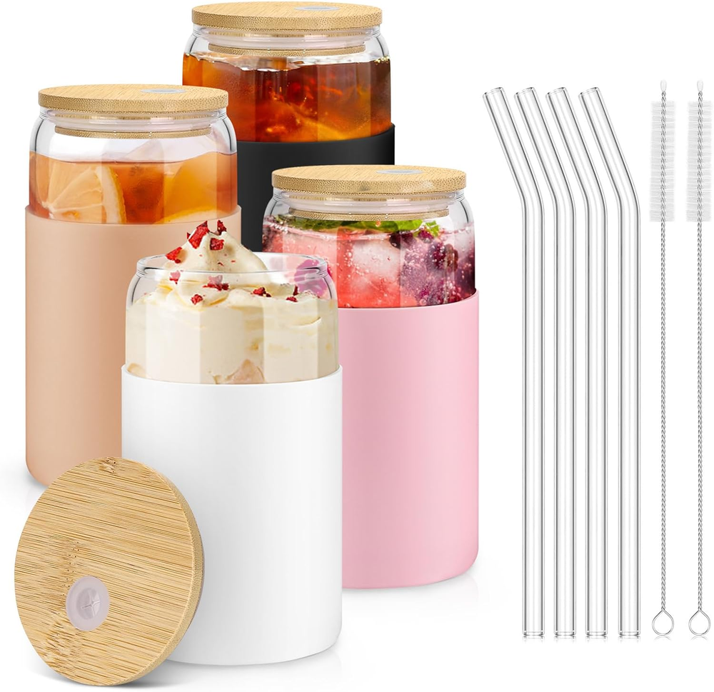 Tazas de vidrio con tapas y pajitas de bambú, taza de café helado de 16 OZ con funda de silicona...