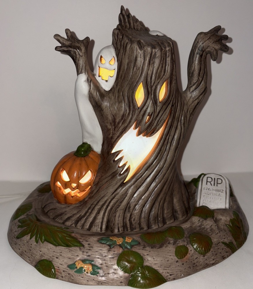 Vintage Halloween Ceramic Light Up Tree Ghost And Pumpkin Jack O Lantern RIP 10”
