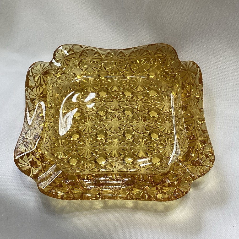 Vintage Fenton Glass Daisy & Button Square Plate Ashtray Amber 5 3/4