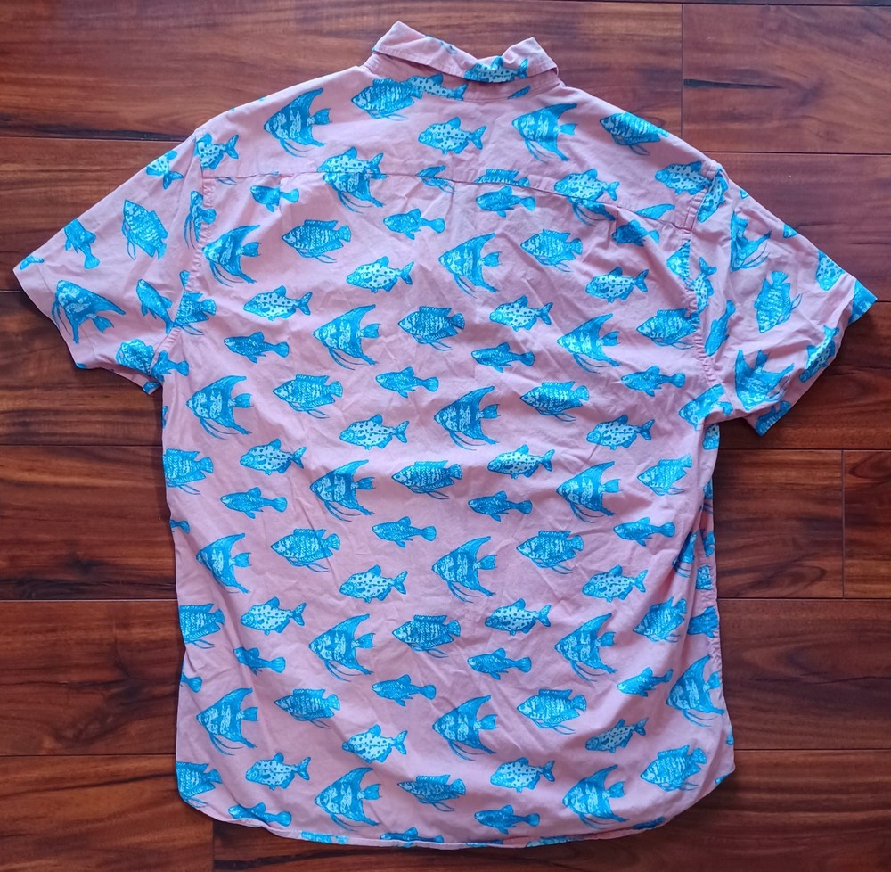 J Crew Shirt Mens Large Pink Blue Tropical Hawaiian Button Up Short Sleeve