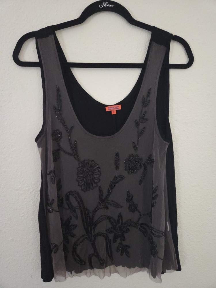 Womens Chan Luu Black Floral Beaded Mesh Overlay Tank Top Sz L