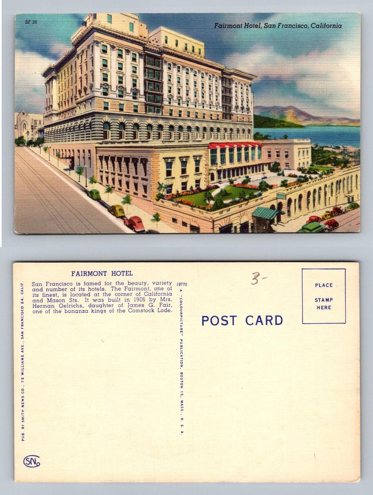 San Francisco, CA-California Fairmont Hotel California Nob Hill Vintage Postcard