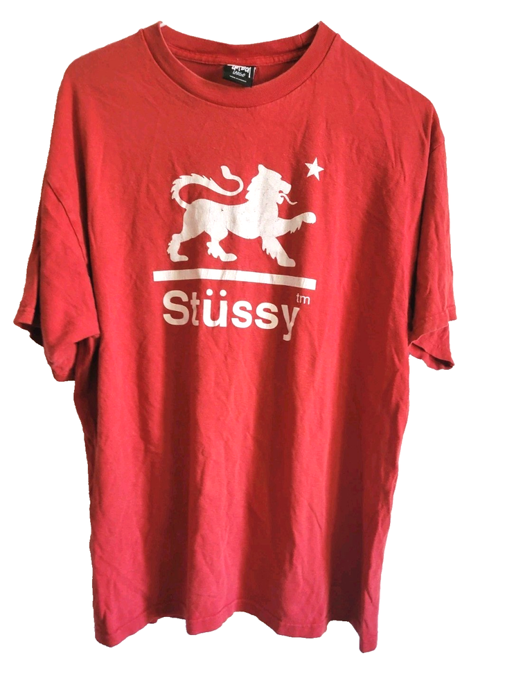 1990s Stussy Lion Star TM Logo Red T-Shirt Mens Size Large