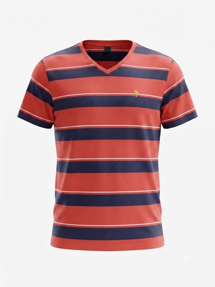 U.S. Polo Assn. Men's V-Neck T-Shirt Size XL Orange Navy Striped Casual Tee