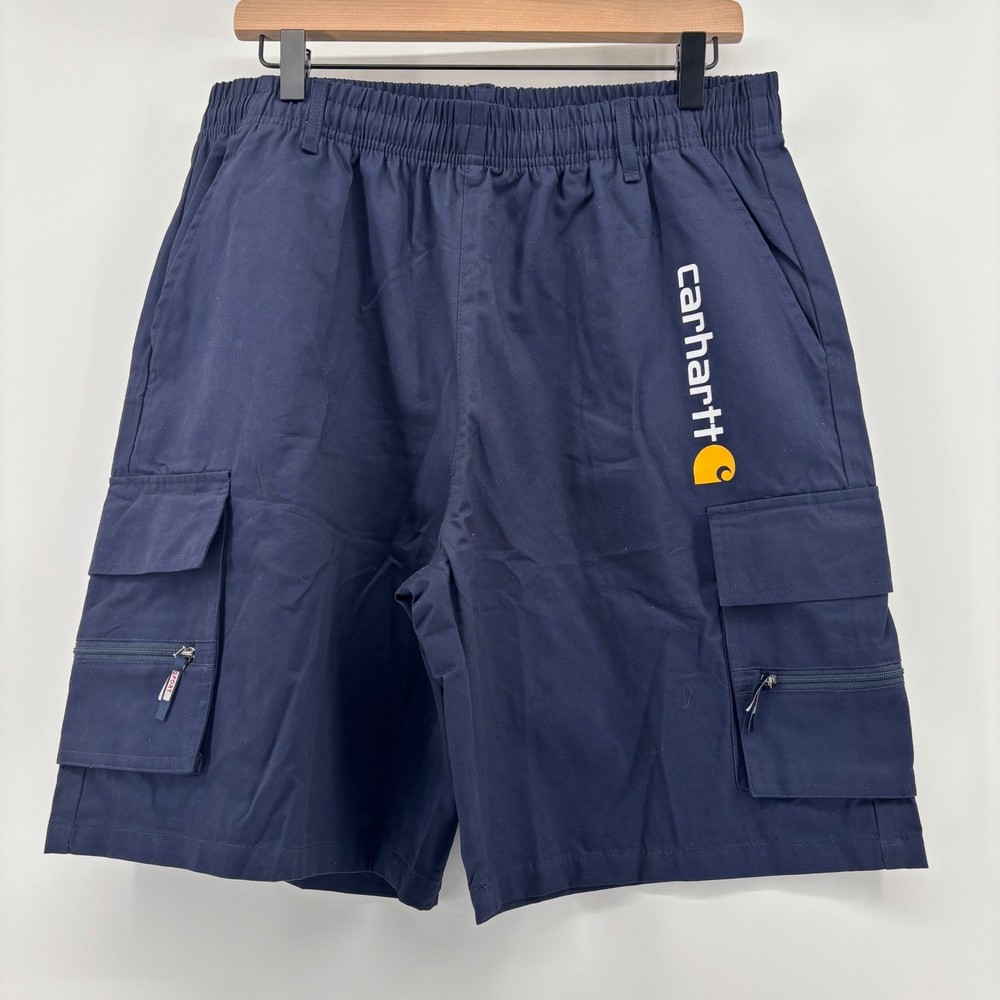 Carhartt Cargo Shorts Navy Blue Mens 2XL Elastic Waist Utility Workwear Logo
