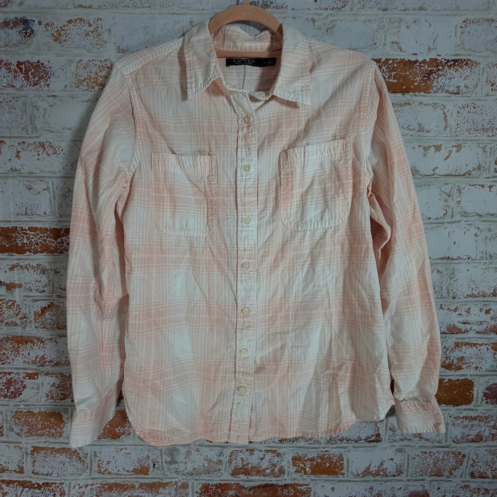Lauren Ralph Lauren Button Up Shirt Womens Large Peach Plaid Excellent Cotton