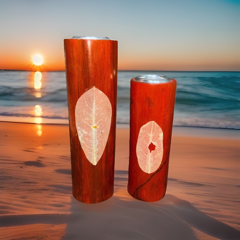 Bamboo Pillar Candle Holders Set of 2 Red Orange Skeleton Leaf Boho Decor