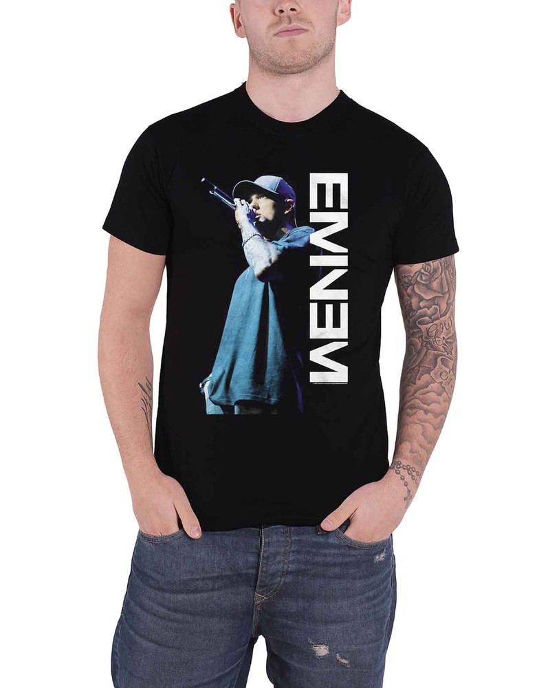 Eminem Mic Pose T-Shirt Official Marshall Mathers Slim Shady Logo Mens Black Slim Fit Design