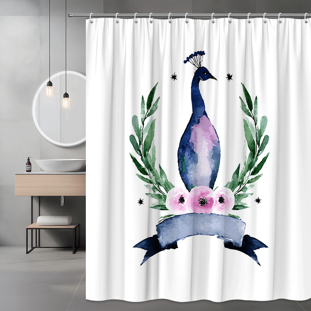 Peacock Floral Shower Curtain Watercolor Bird Print