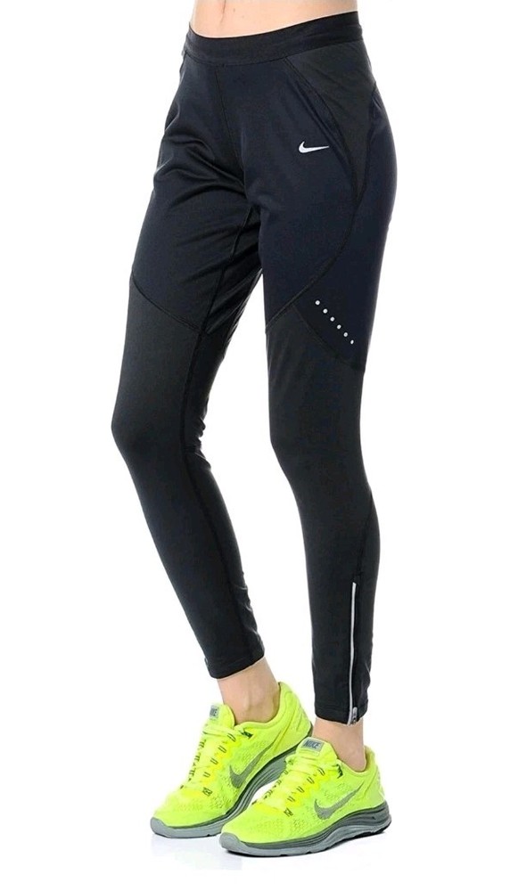 Nike Running Dri Fit Shield Full Length Tights Black Reflective Ankle Zip! M