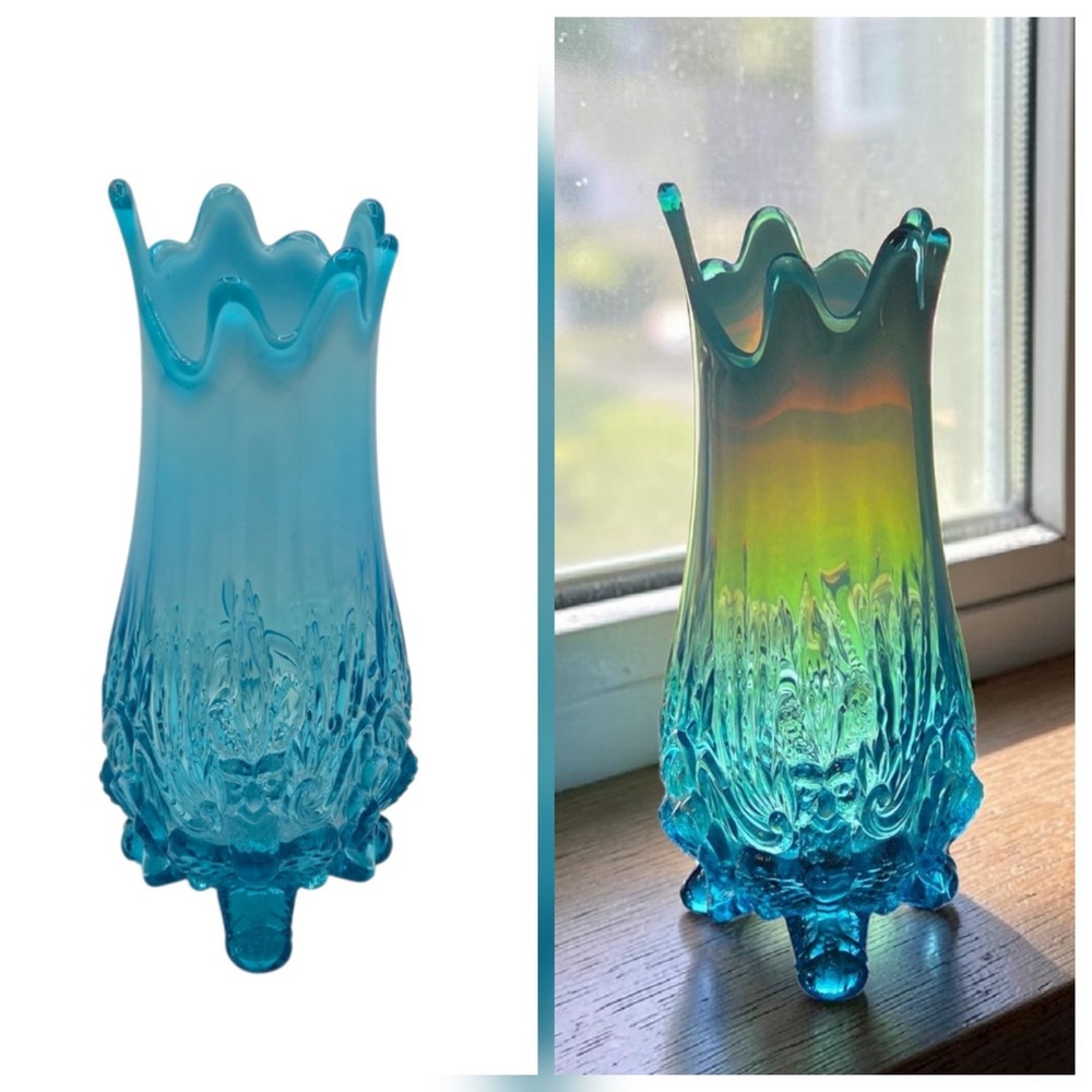 Antique Sowerby Piasa Bird Blue Opalescent Glass Swung Footed Vase CLAW FOOT 9