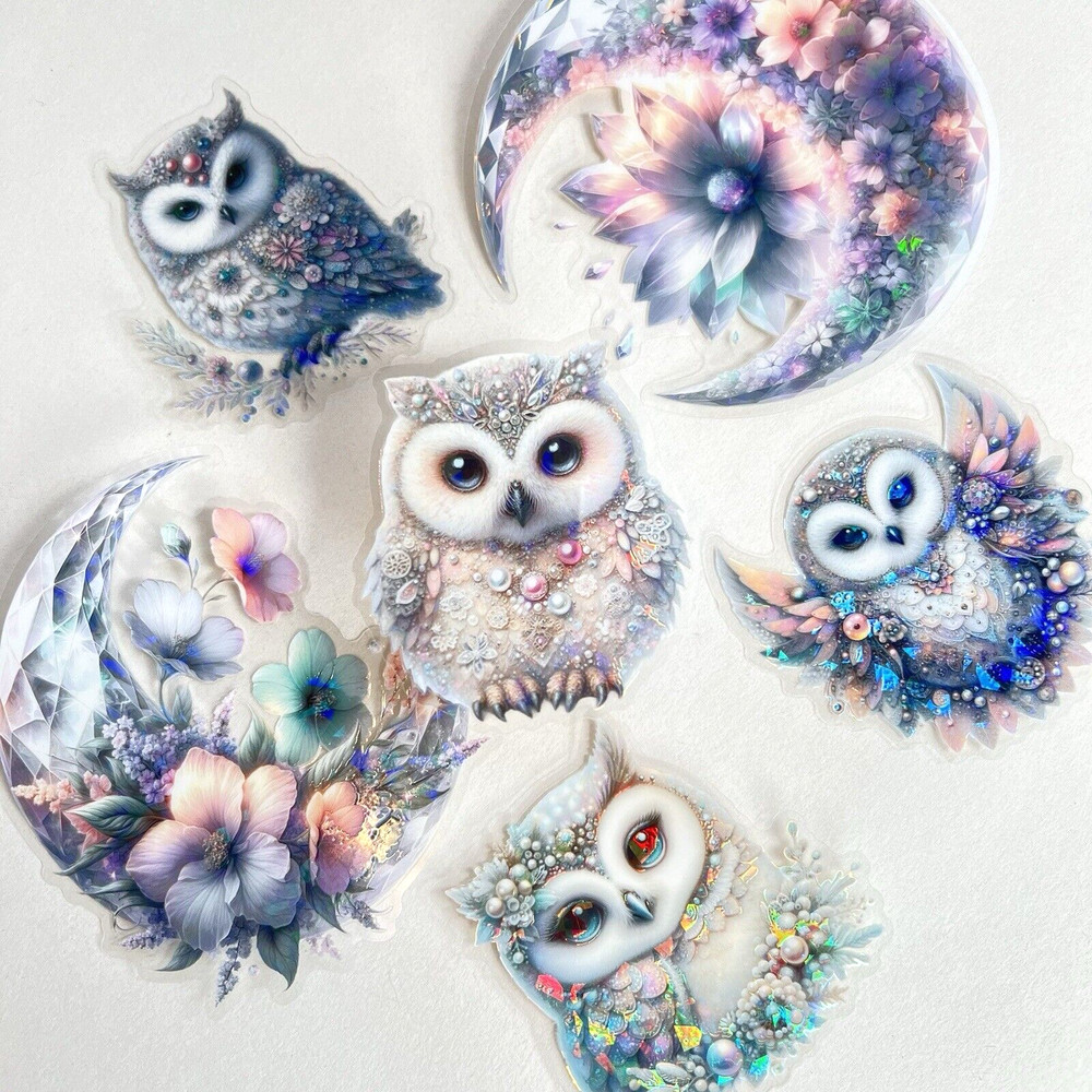 Winter Ice Moon Owl Holographic Stickers Junk Journal Collage Scrapbooking Cards