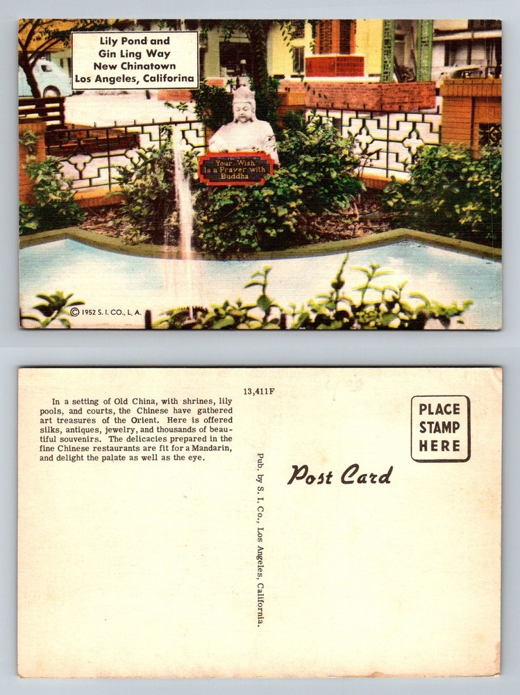 Los Angeles, CA-California, Chinatown Pond Gin Ling Way Buddha Vintage Postcard