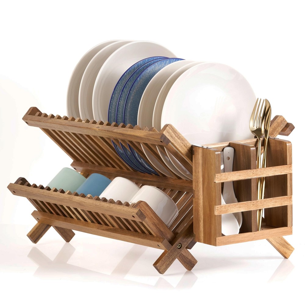 Acacia Wooden Dish Drying Rack for Kitchen Counter 2-Tier Collapsible Bmaboo-image