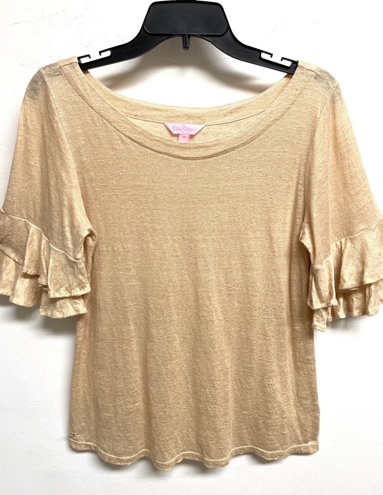 LILLY PULITZER Lula Sand Dune Metallic Gold Ruffle Linen Top - Women’s Size M