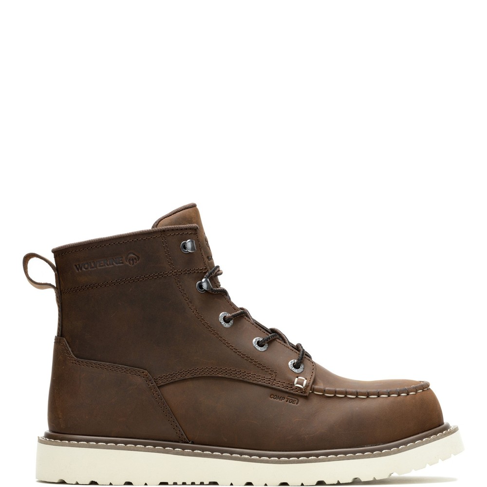 Wolverine Mens 6 Inch Brown Work Boots with Composite Toe and Trade Wedge UL Sole