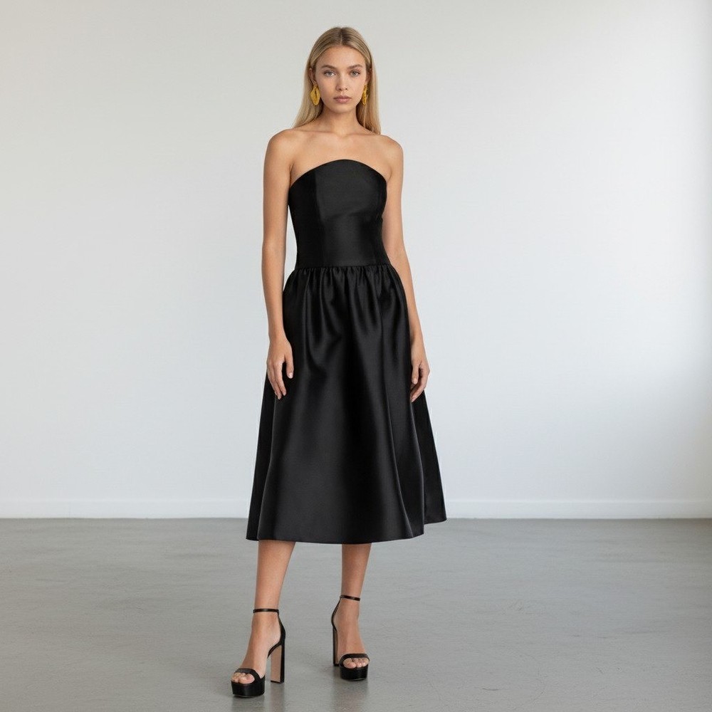 Self Portrait Taffeta Midi Dress Womens 4 Black Holiday Party Formal Event NWT